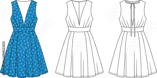 Polka dot sleeveless dress, fashion design illustration, sewing pattern template, garment construction drawing, stylish clothing design, cad drawing flat vector illustration