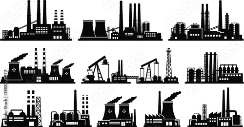 Industrial factory and power plant silhouette icon set, oil refinery, nuclear energy, heavy industry facilities, pollution and electricity production concept, black and white vector illustration