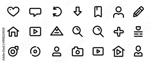 New update Instagram icon set, symbols including home, like, comment, search, user, repost, share, social media interface, flat vector illustration.