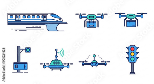 Transportation icons featuring train, drones, traffic lights, and street signs in a modern urban setting