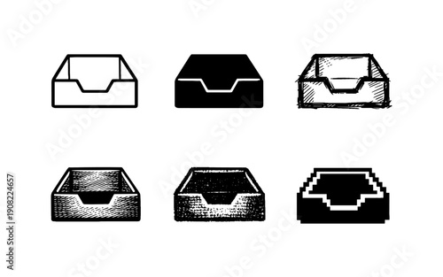 Collection of inbox tray icons in various artistic styles and digital formats