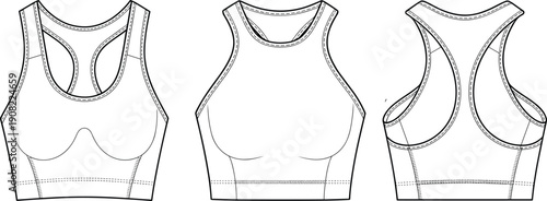 Cad drawing flat vector illustration, racerback sports bra design, technical fashion sketch, activewear sewing layout, front back side view