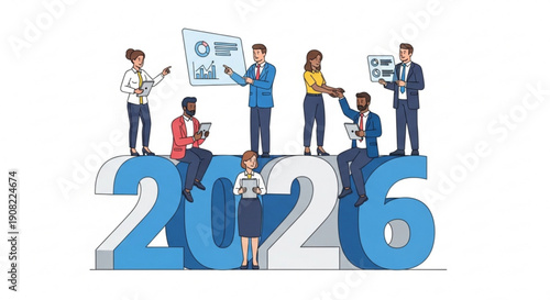 Diverse group of professionals celebrating New Year 2026 on a giant calendar illustration