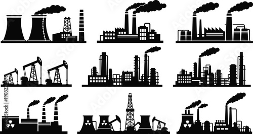 Industrial factory and power plant silhouette set, oil refinery, nuclear station, pollution and energy production facilities, heavy industry infrastructure, black and white vector illustration