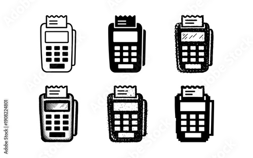 Collection of six different styles of payment terminal icons with receipt paper