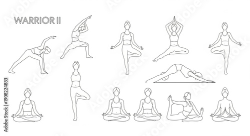 Illustration of various yoga poses and mountain landscape in a minimalist style