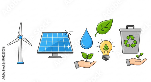 Sustainable energy sources and eco-friendly practices illustrated with renewable symbols and green initiatives
