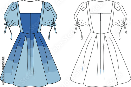 Puff sleeve dress, square neckline, ribbon tie sleeves, flared skirt, fashion illustration, sewing pattern, cad drawing flat vector illustration