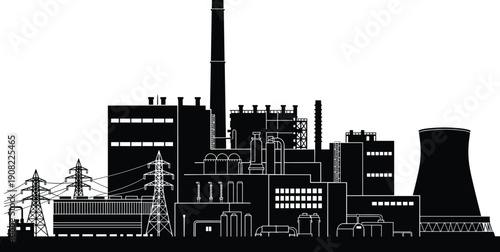 Industrial power plant silhouette with factory buildings smokestacks electricity transmission towers energy production infrastructure black vector