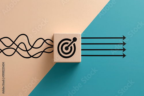 From Chaos to Clarity: Tangled Lines → Target Goal → Straight Arrows Success Strategy Bipartite Background Beige Teal Minimalist Conceptual