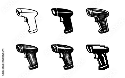 Collection of six different barcode scanner illustrations in various styles