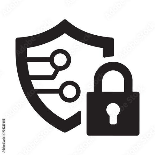 Digital security concept shield with circuitry and unlocked padlock