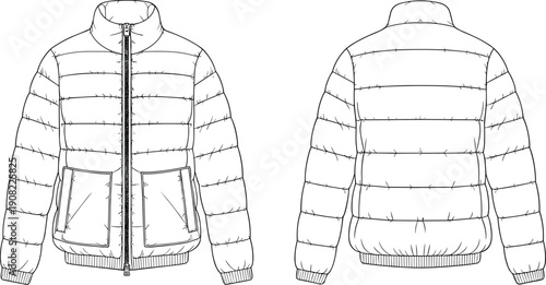 Puffer jacket front and back, quilted design, patch pockets, ribbed cuffs, zipper closure, cad drawing, flat vector illustration, fashion design