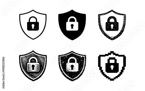Collection of shield and lock icons representing security and protection in various styles
