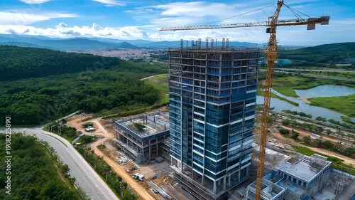 Construction progress of high-rise building urban site, engineering insights aerial view, dynamic concept under construction, development project, with copy space