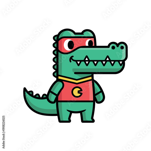 Cartoon illustration of a green superhero alligator wearing a red mask and costume with a yellow emblem on a white background.