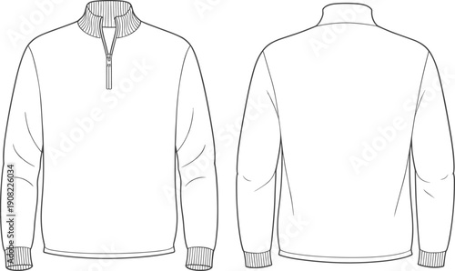 Pullover sweater front back view, half zip design, ribbed collar cuffs hem, flat sketch, vector garment template CAD drawing