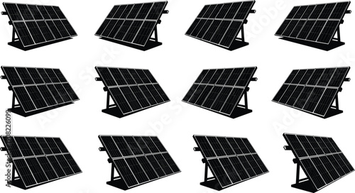 Solar panel icon set, photovoltaic energy system silhouettes, renewable electricity generation, clean power technology, sustainable energy concept, black and white vector illustration, modern 