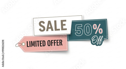 Assorted sale labels with promotional offers and discounts displayed prominently on tags
