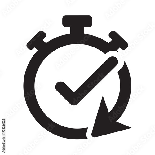 Black stopwatch icon with a checkmark and arrow indicating completion