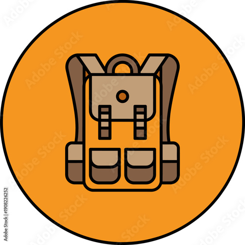 Brown backpack icon on orange circle