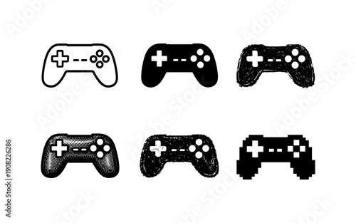 Collection of six video game controllers in various artistic styles and resolutions