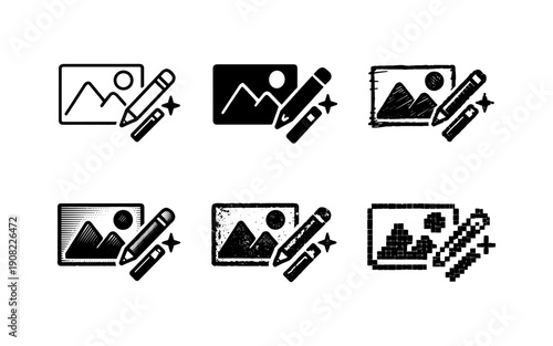 Collection of six graphic design icons representing image editing and creation tools