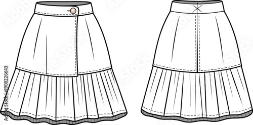 Cad drawing flat vector illustration, pleated skirt sewing pattern, fashion garment layout, technical clothing sketch, stylish apparel template design