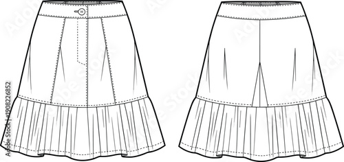 Cad drawing flat vector illustration, pleated skirts front and back views, waistband design, flared hem sketch, garment template, apparel artwork