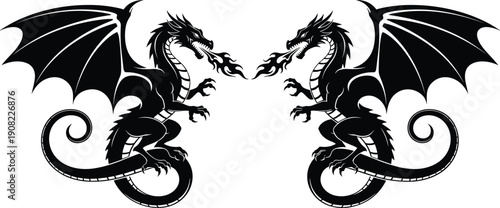 Twin dragon silhouette vector illustration, symmetrical fire breathing mythical creatures black fantasy design isolated on white background