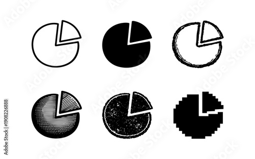 Collection of diverse pie chart icons representing data and analysis in various artistic styles