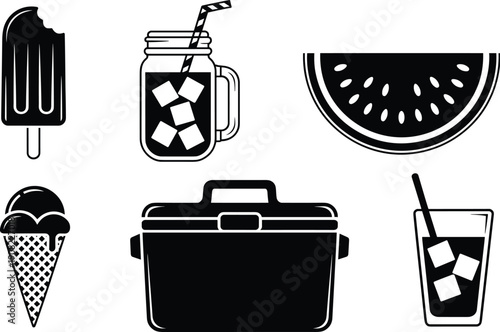 Summer food and drink icon set, popsicle, iced beverage, watermelon slice, ice cream, cooler box, black vector illustration