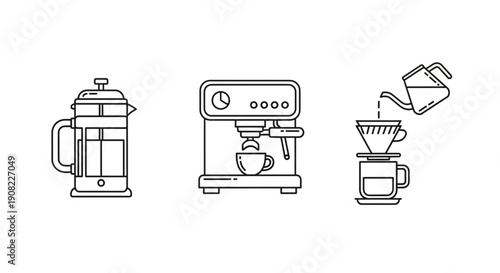 Coffee machines and equipment lined up in a minimalist illustration showcasing brewing methods