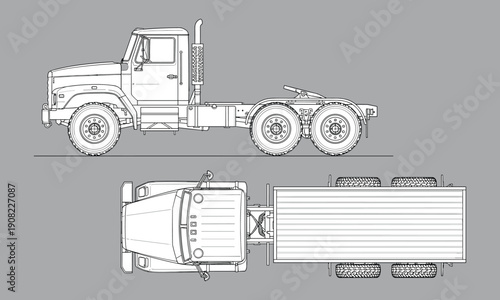 Detailed truck blueprint illustration showing side and top views of heavy duty cargo vehicle, technical line art drawing for transportation design, engineering, logistics and industrial concepts