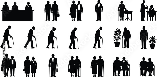 Elderly people silhouette collection showing senior men and women standing walking sitting and socializing, black vector illustration set for aging, retirement, healthcare and lifestyle design