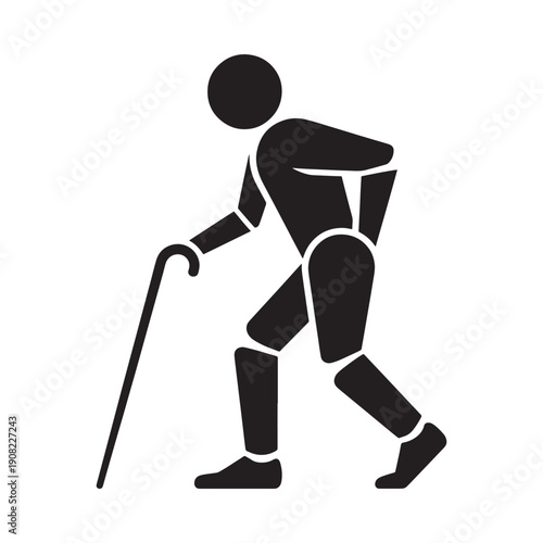 Silhouette of an elderly person walking with a cane for support