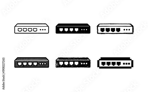 Collection of network switch icons in various styles, representing connectivity and technology