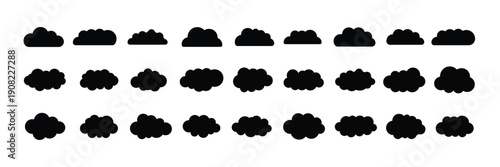 Mobileset of vector illustrations of clumpy clouds. weather cloud black icons sky clouds set. Collection of various light blue cartoon cloud shapes. Cloud Silhouette Icon Set, Weather UI Vector Collec