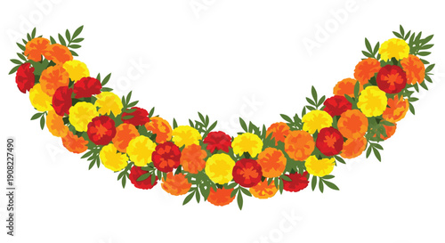 A vibrant garland of marigold flowers arranged in a curved shape