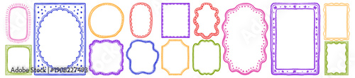 Cute doodle frame set, hand drawn minimal spring border, colorful crayon whimsical empty oval box. Wavy holiday abstract decor, kids birthday postcard, graphic cartoon geometric print. Doodle frame