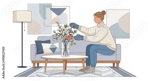 Woman Arranging Flowers Indoors with Cozy Winter Aesthetic