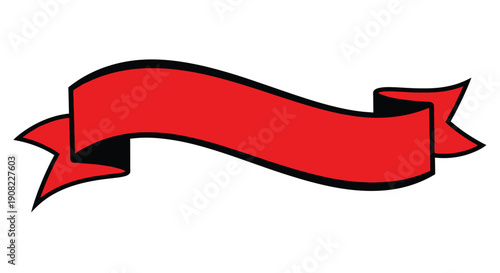 A vibrant red ribbon banner with black outlining elegantly curved