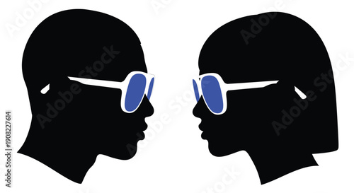 Two silhouetted faces wearing blue sunglasses facing each other