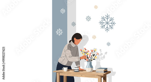 Woman Arranging Flowers Indoors with Snowflakes Falling Outside Window