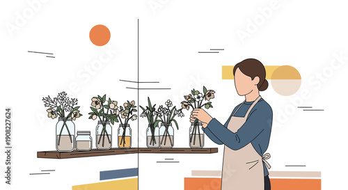Woman Arranging Flowers in Vases, Minimalist Botanical Illustration