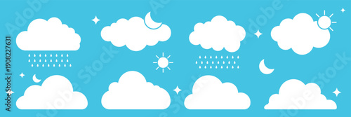 minimalist white clouds collection set of cartoon clouds. A seamless illustration features fluffy white clouds on a light blue backdrop. Cloud Icons Set in Different Shapes, Minimal Flat Weather Cloud