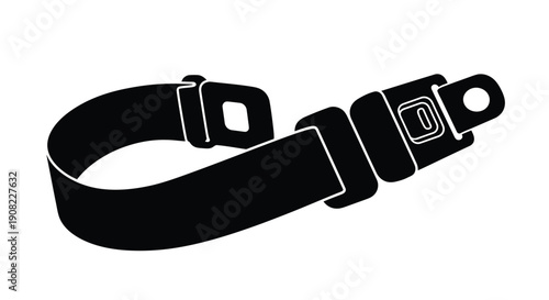 A black and white illustration of a seatbelt buckle and strap