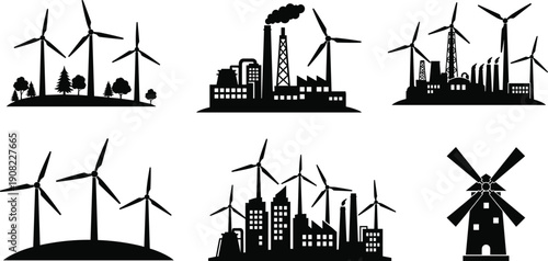 Wind energy and industrial power silhouettes, renewable turbines, factories, sustainable electricity, clean energy transition, eco technology, modern city skyline, environmental industry 