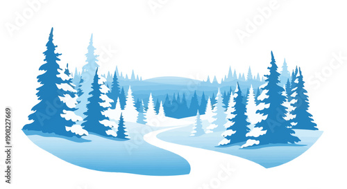 A serene winter landscape featuring snow covered trees and a winding path
