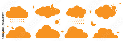 minimalist white clouds collection set of cartoon clouds. A seamless illustration features fluffy white clouds on a light blue backdrop. Cloud Icons Set in Different Shapes, Minimal Flat Weather Cloud